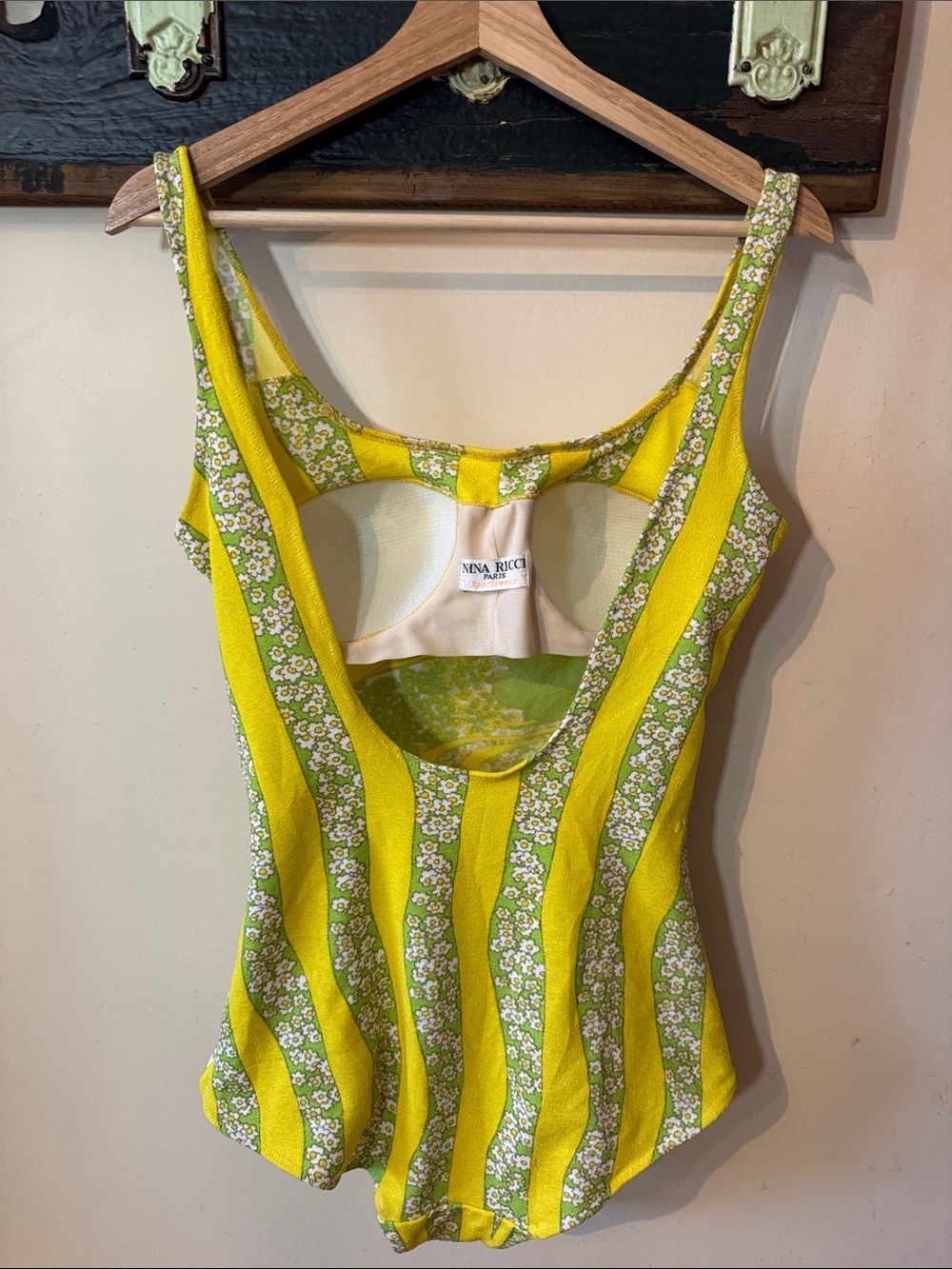 Vintage Nina Ricci Paris Mod Chartreuse Psychedelic Floral Bullet Bra Swimsuit - Picture 8 of 16